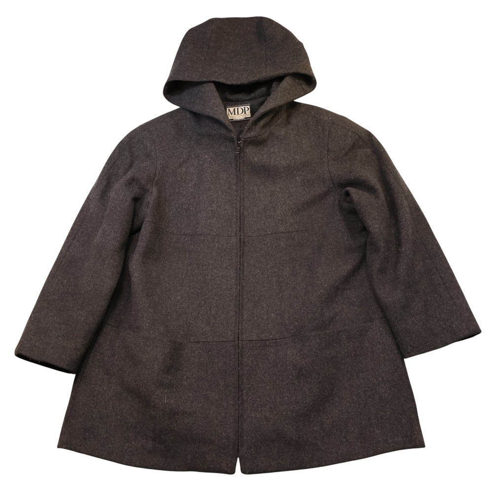 Mario De Pinto Womens L Charcoal Grey Wool Blend Hooded Zip Up Coat Made In USA